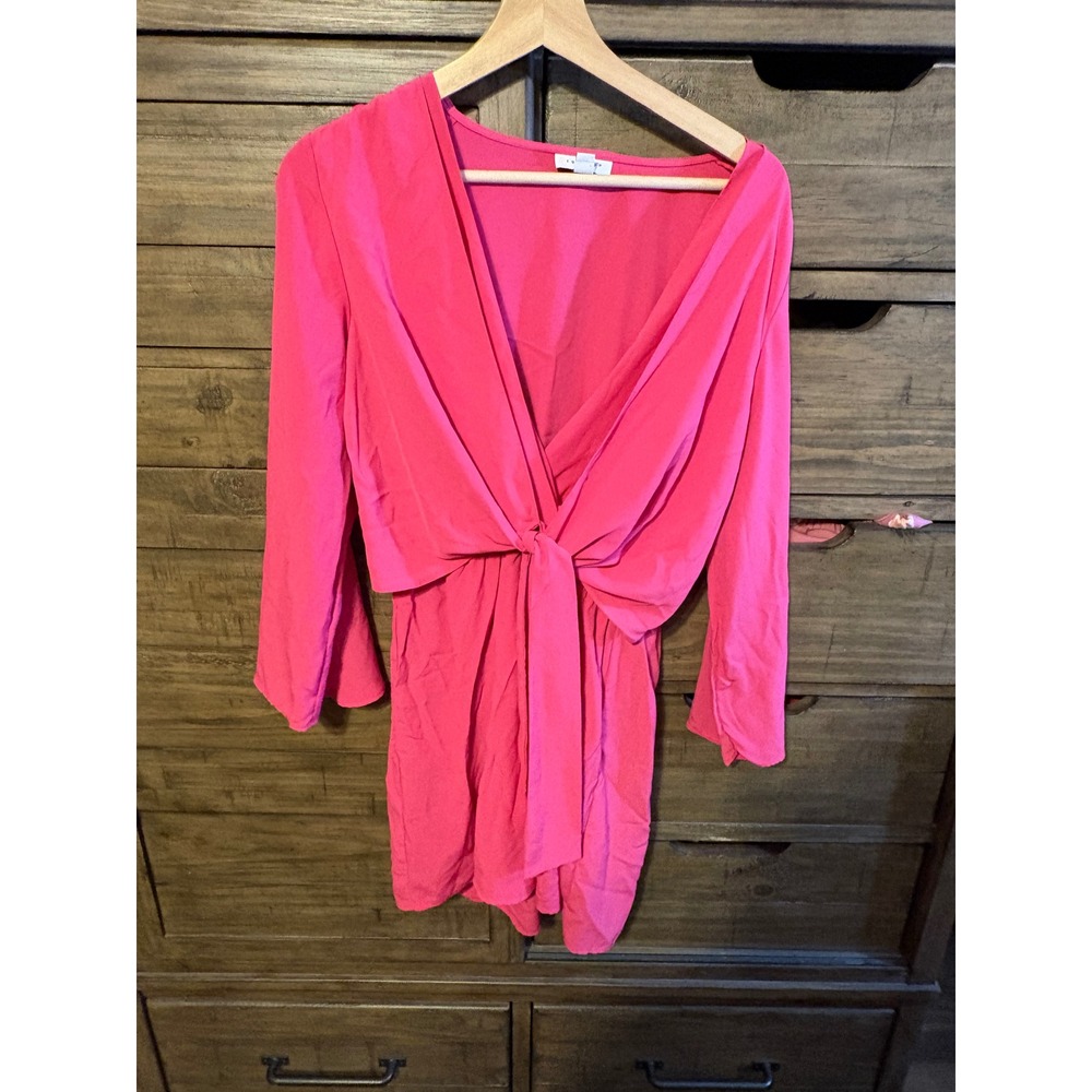 Topshop Womens Pink Deep V-Neck Tie Front Long Sleeve Mini Dress Size US 10 - Picture 2 of 6